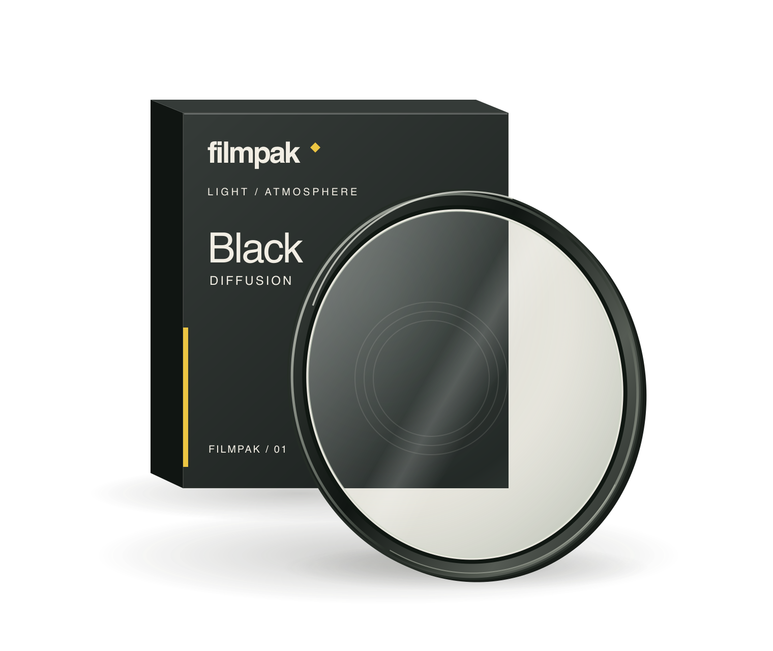 Filmpak black diffusion filter leaning against its matching box